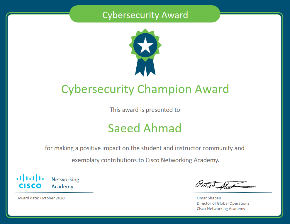Cyber Champion Award Cisco 2020
